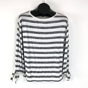 Ann Taylor Striped Tie Cuff Top Women's XS Pullover Stretch Knit Gray White